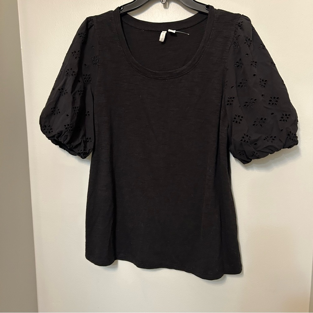 Cato Women's Black Puff Sleeve Shirt Short Sleeve Top Size L Casual Career Work